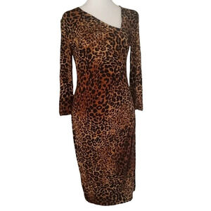 Lafayette 148 Cheetah Leopard Print Asymmetric Neckline Bodycon Dress Size 4